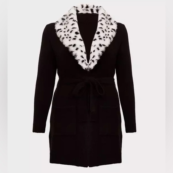 Disney Sweaters - Torrid x Disney Villains Cruella De Vil Black Faux Fur Self-Tie Cardigan 3X EUC